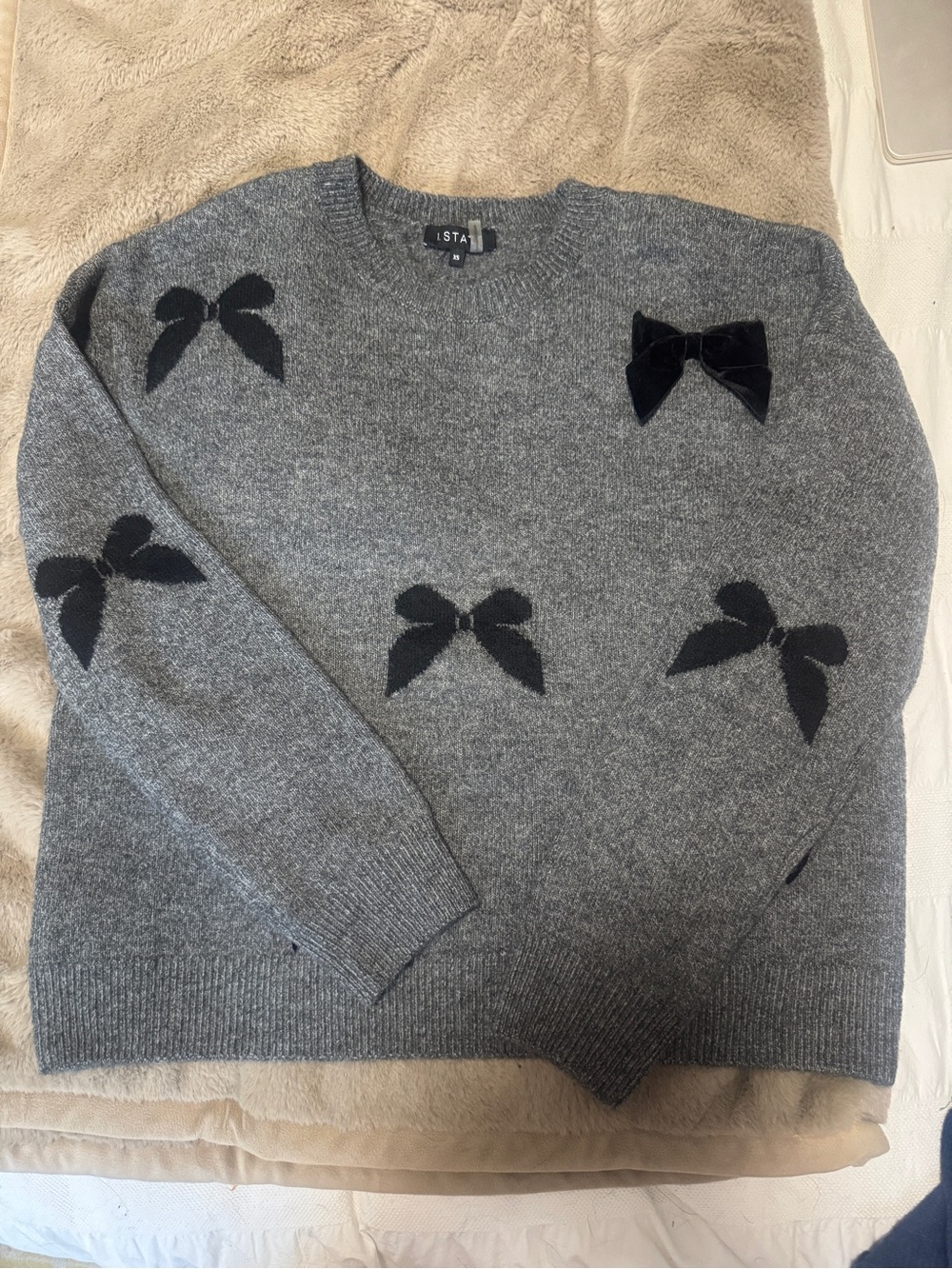 1. State Gray Crewneck Sweater with Black Bow Accents